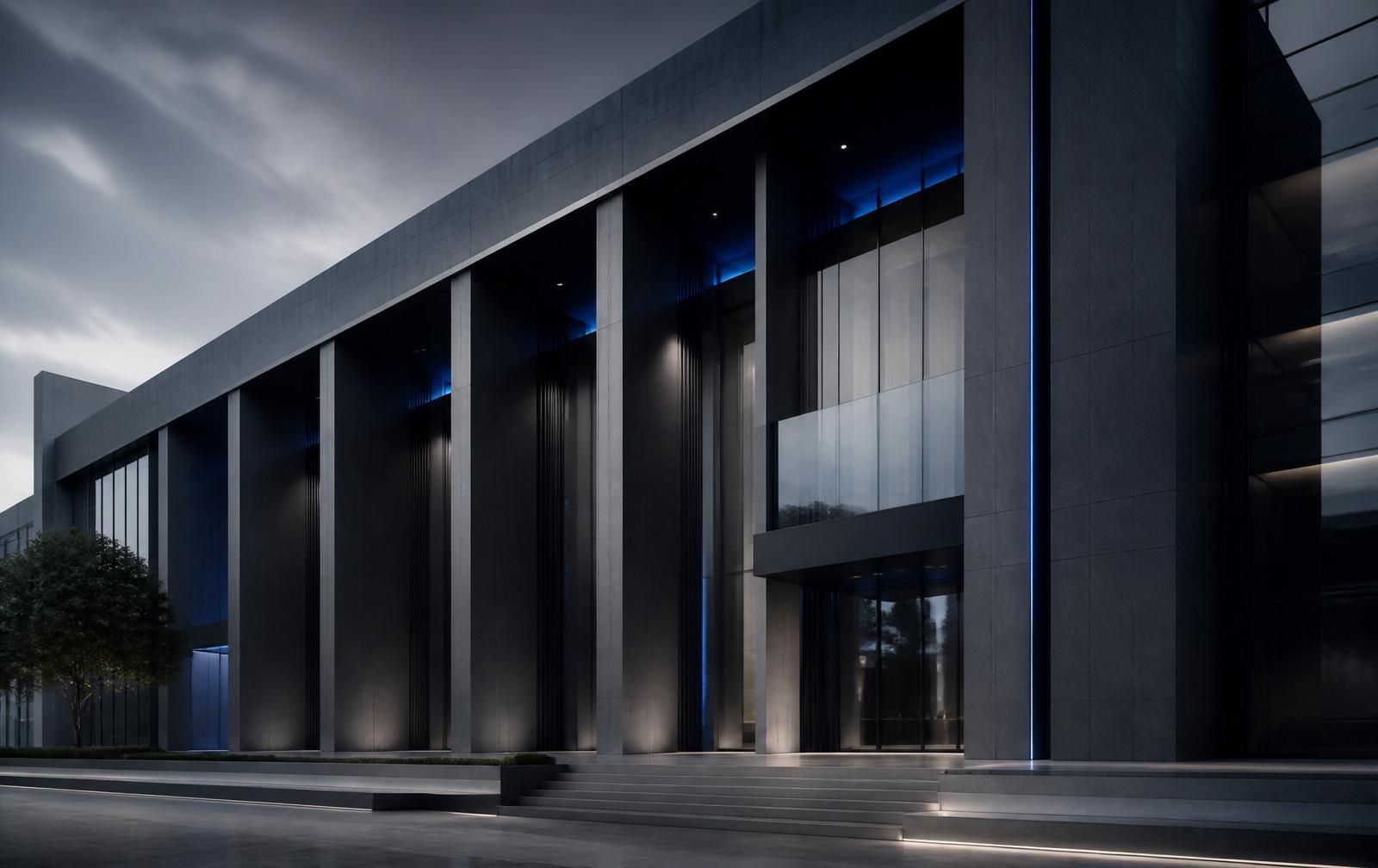 Modern civic building at dusk